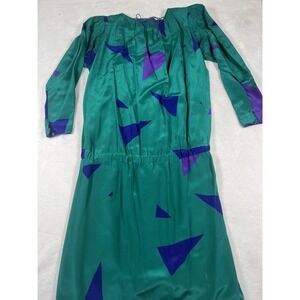 Vintage Flora Kung Advance Dress Womens 4 Green Purple Silk‎ Rayon Geometric